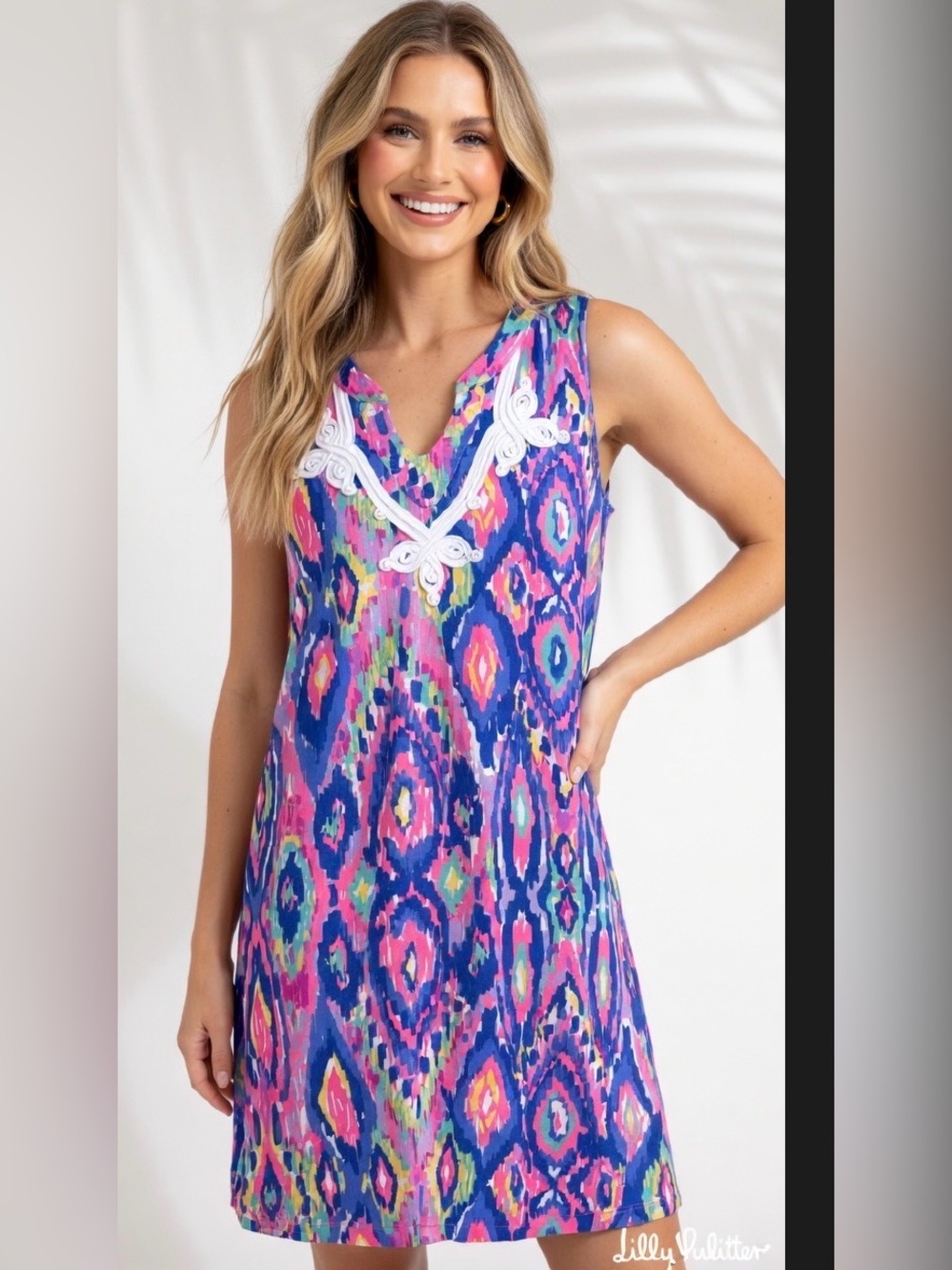 Lilly Pulitzer Sleeveless Multicolor Ikat Tank Dress with White Applique